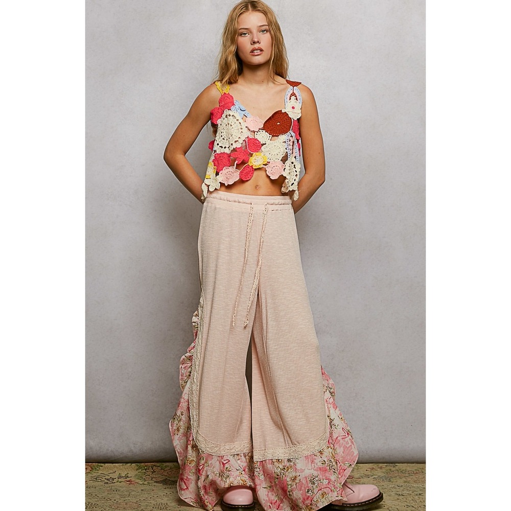 POL Floral Lace Ruffle Wide Leg‎ Palazzo Pants Pink Waffle Knit SIZE M